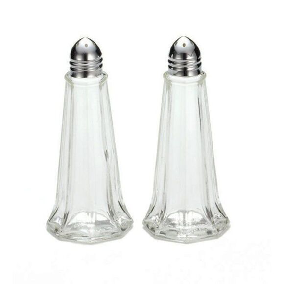 Eiffel Tower Shape Clear Glass Salt & Pepper Shakers Stainless Steel Caps 4.5 in - Picture 1 of 1